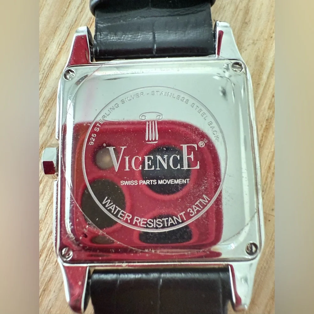 Vicence 925 Sterling silver square black leather dress watch NEW BATTERY
